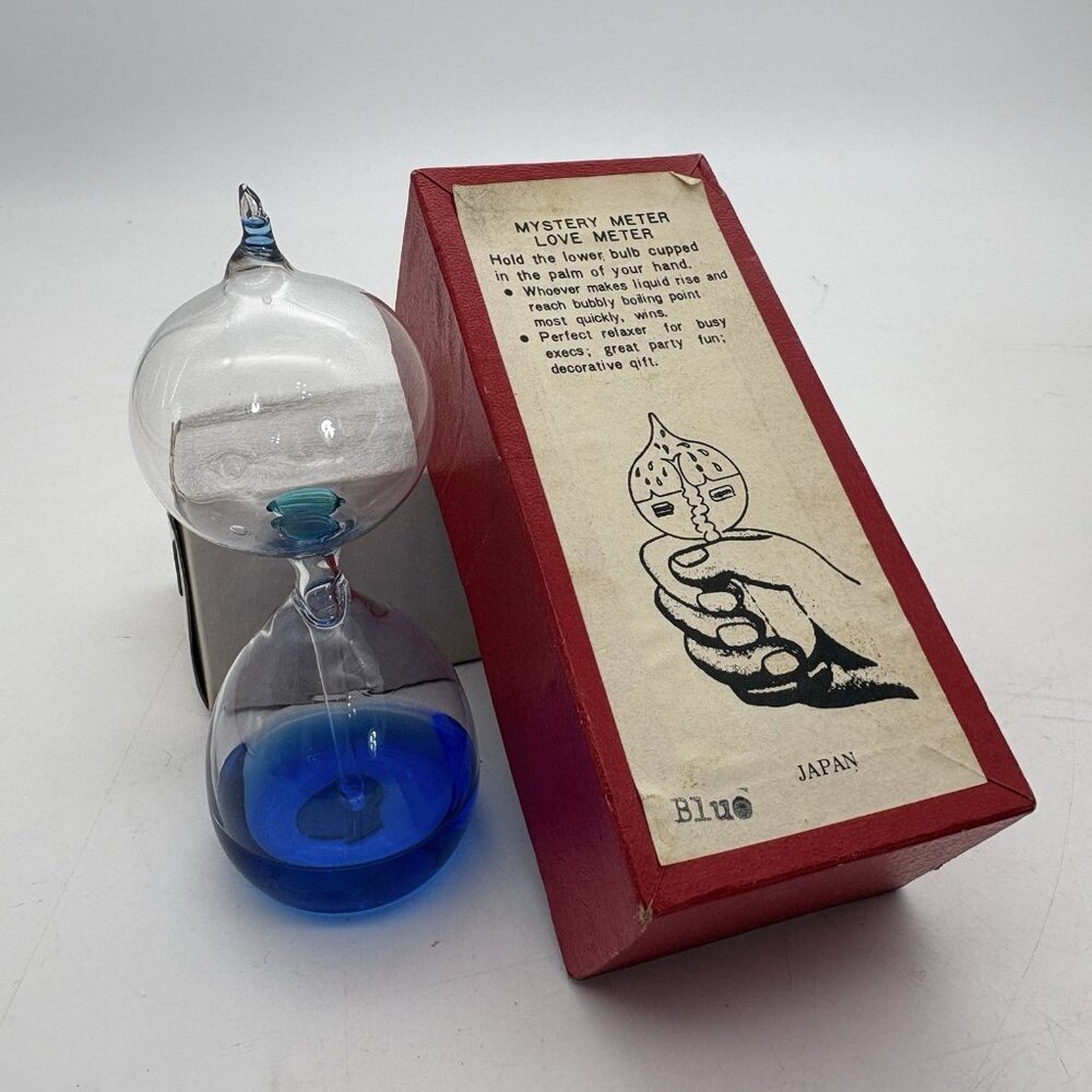 Vintage Mystery Meter Love Meter Blue Glass Hand Boiler Bubbler with box